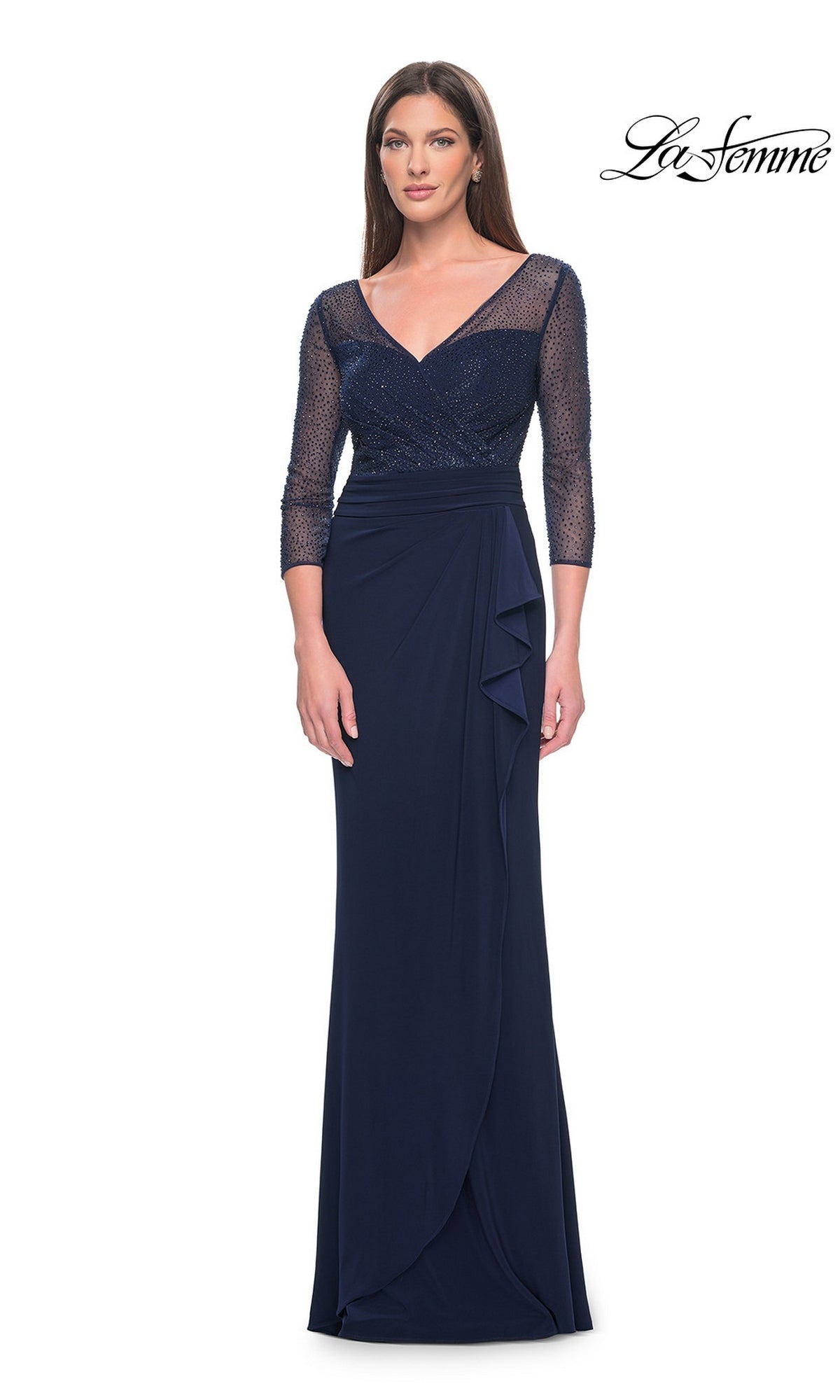 A navy Long Formal Dress: La Femme 31777 with a beaded bodice, sheer three-quarter sleeves, and a side-draped skirt.